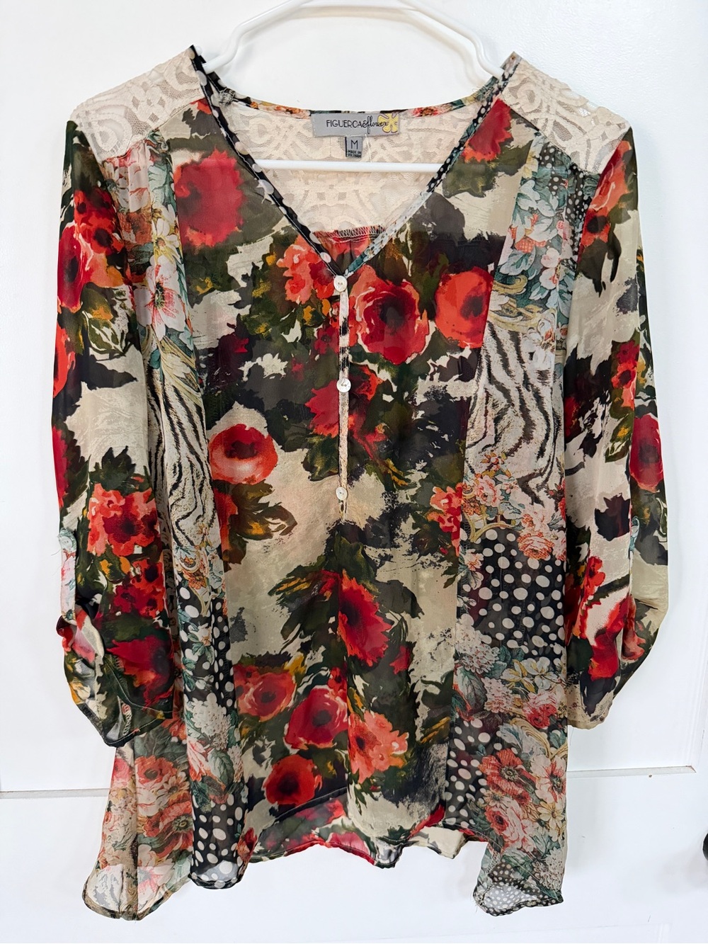 Fig & Flower Mixed Print V-Neck Sheer Blouse- Fall Floral M- Anthropologie